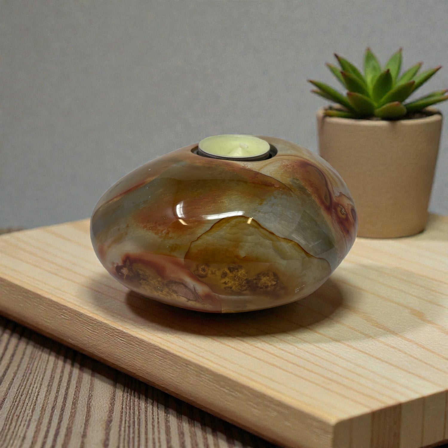 Polychrome Jasper Freeform Candle Holder - Single Glass Tealight - Low