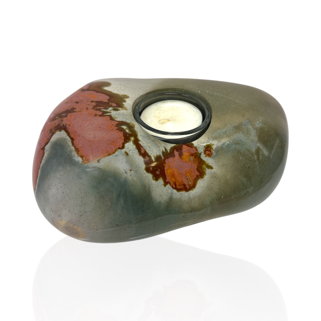 Polychrome Jasper Freeform Candle Holder - Single Glass Tealight - Low