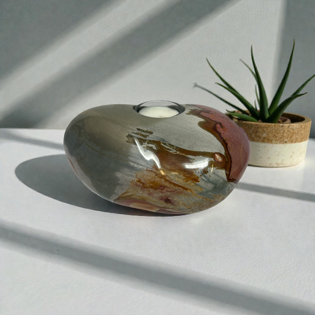 Polychrome Jasper Freeform Candle Holder - Single Glass Tealight - Low