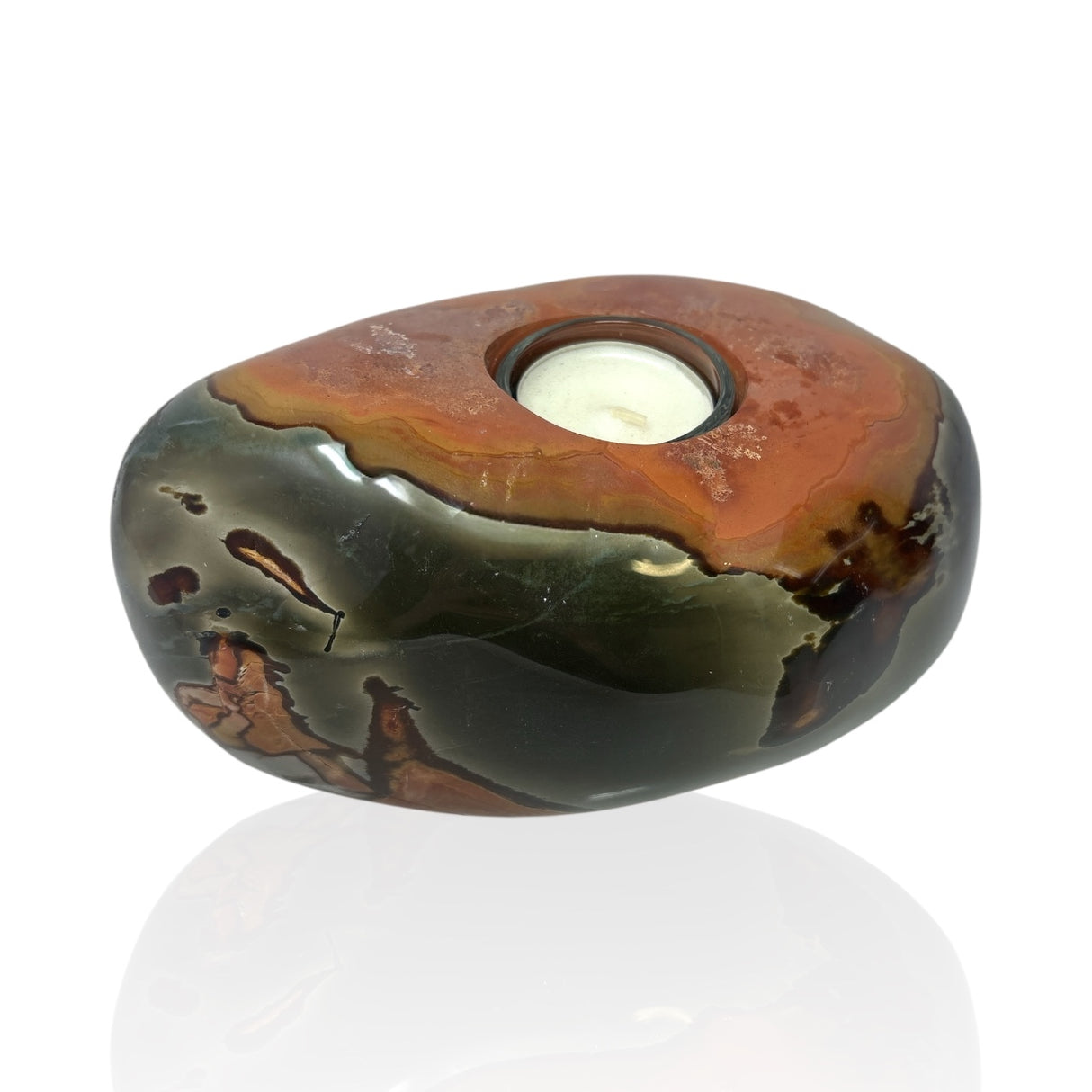 Polychrome Jasper Freeform Candle Holder - Single Glass Tealight - Low