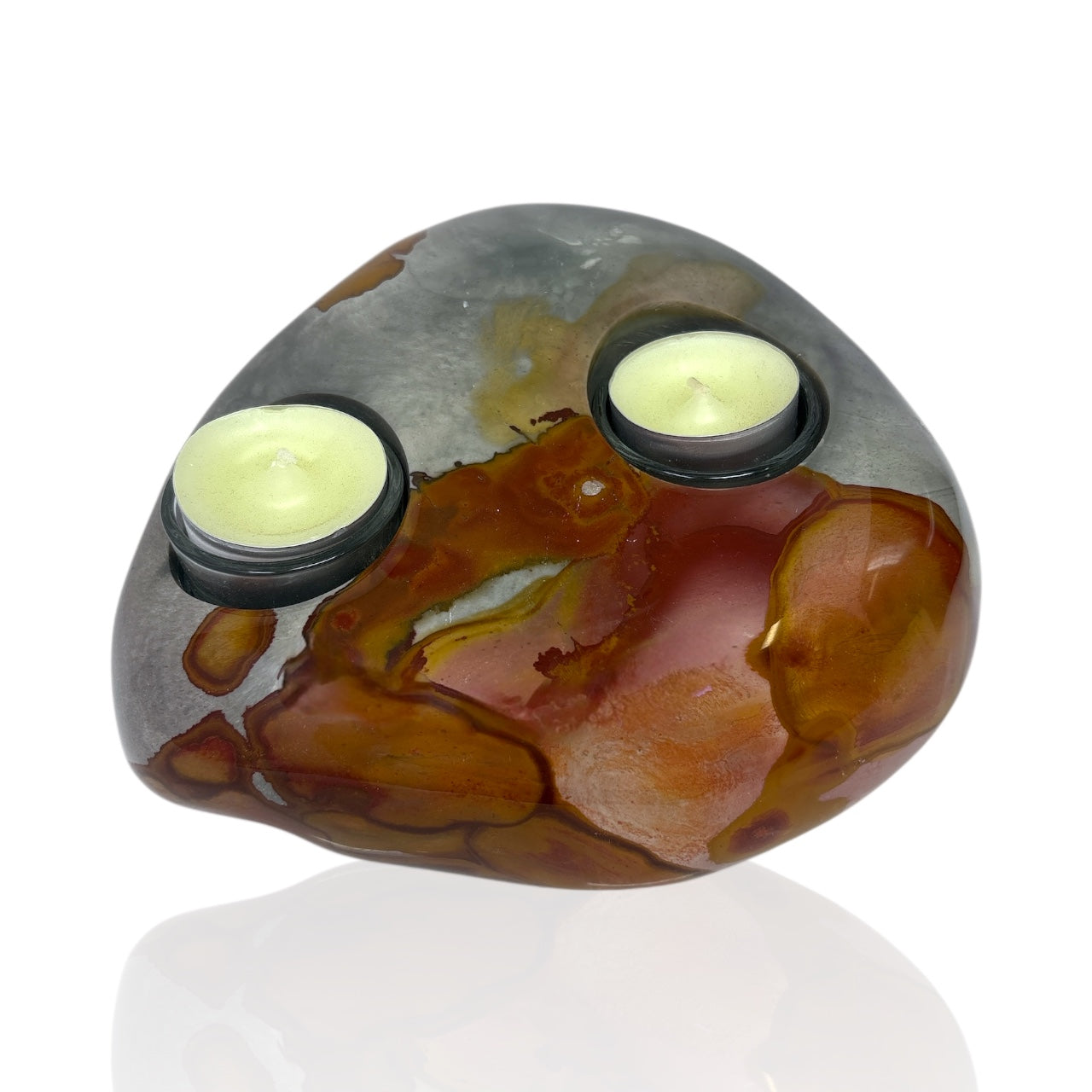 Polychrome Jasper Freeform Candle Holder - Double Glass Tealights