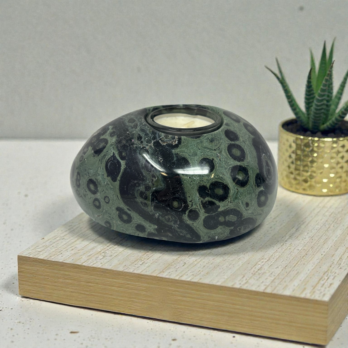 Kambaba Jasper Freeform Candle Holder  - Single Glass Tealight