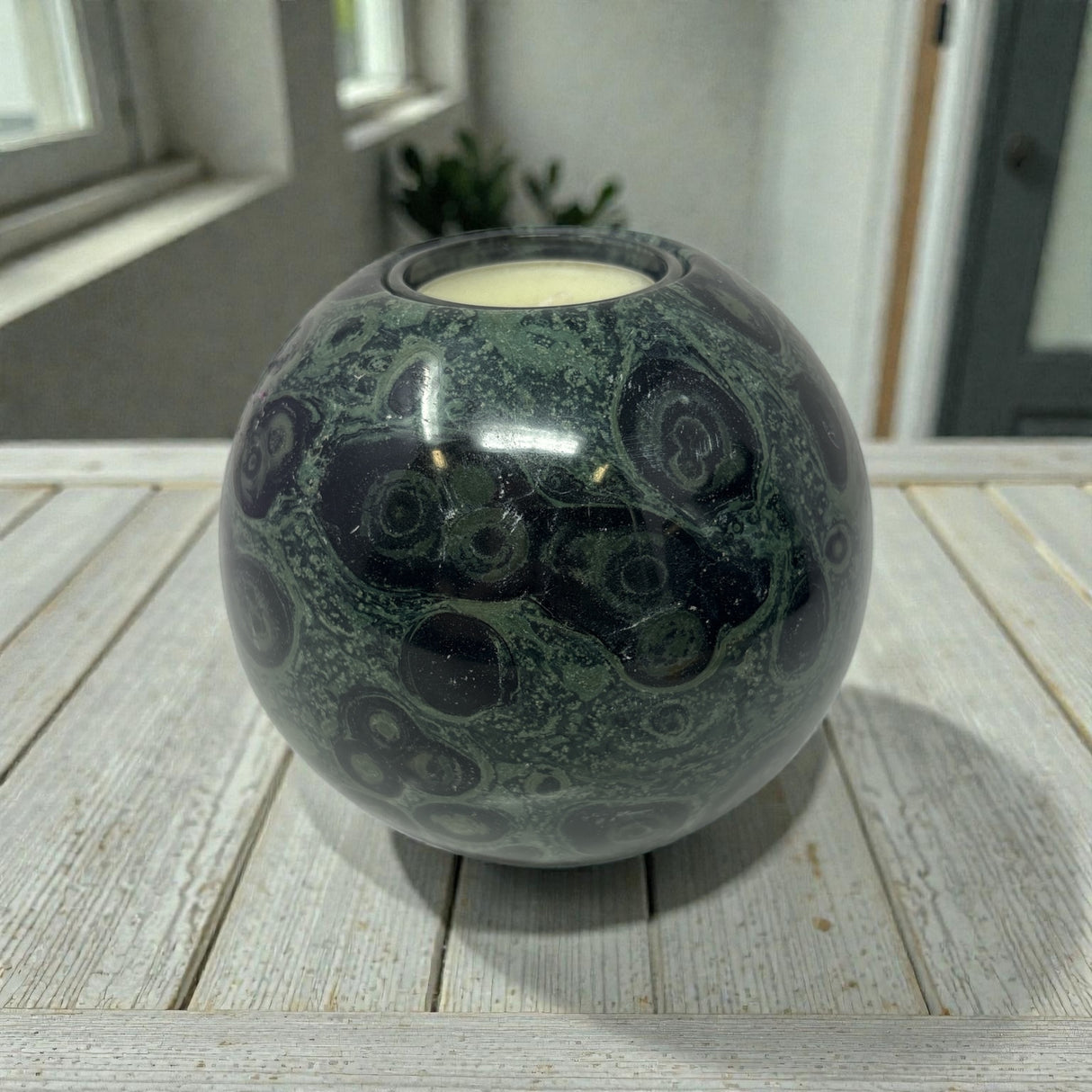 Kambaba Jasper Round Candle Holder - Single Glass Tealight