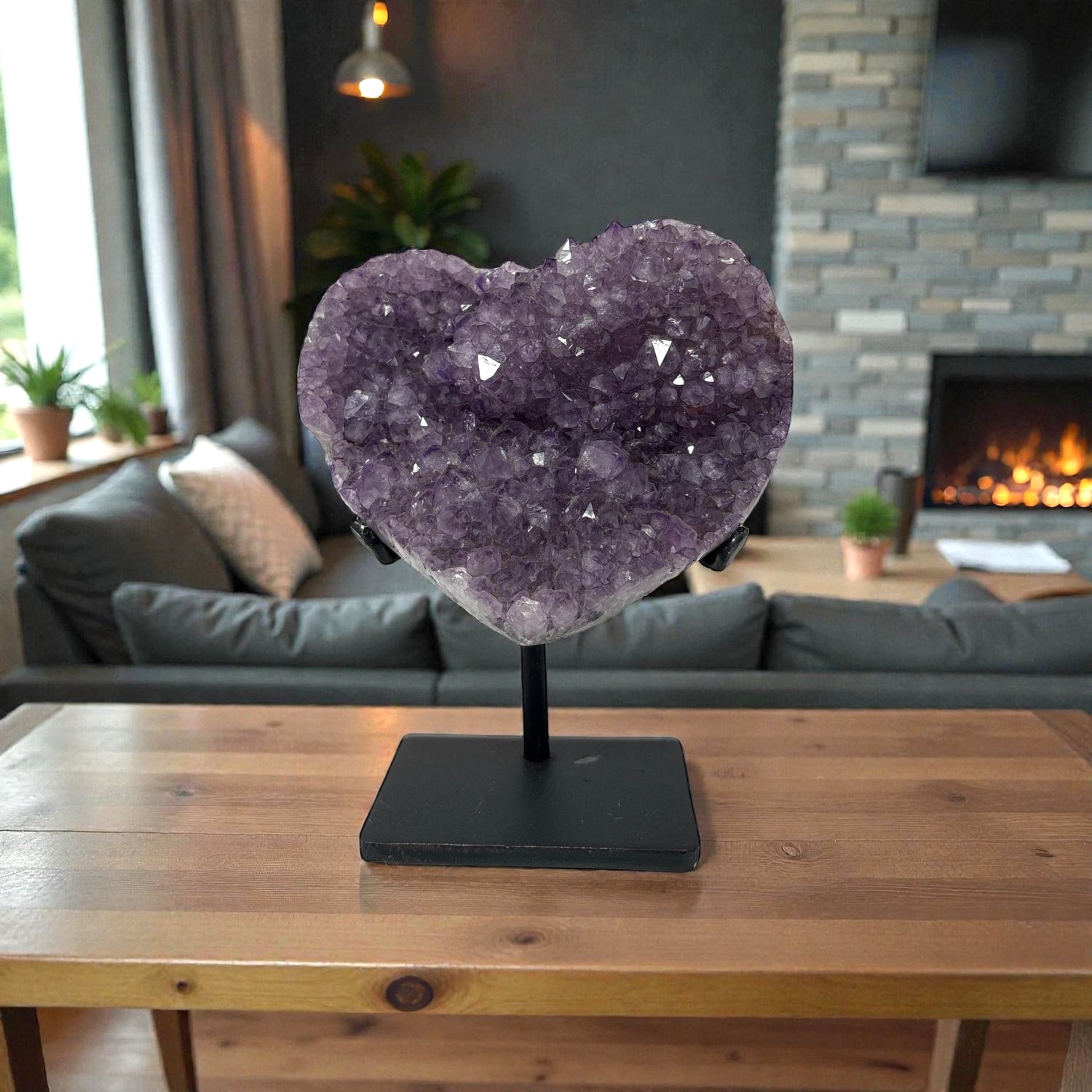 Amethyst Crystal Heart On Fitted Rectangle Stand