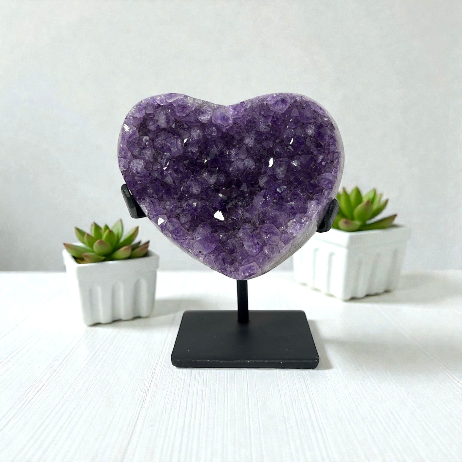 Amethyst Crystal Heart On Fitted Rectangle Stand