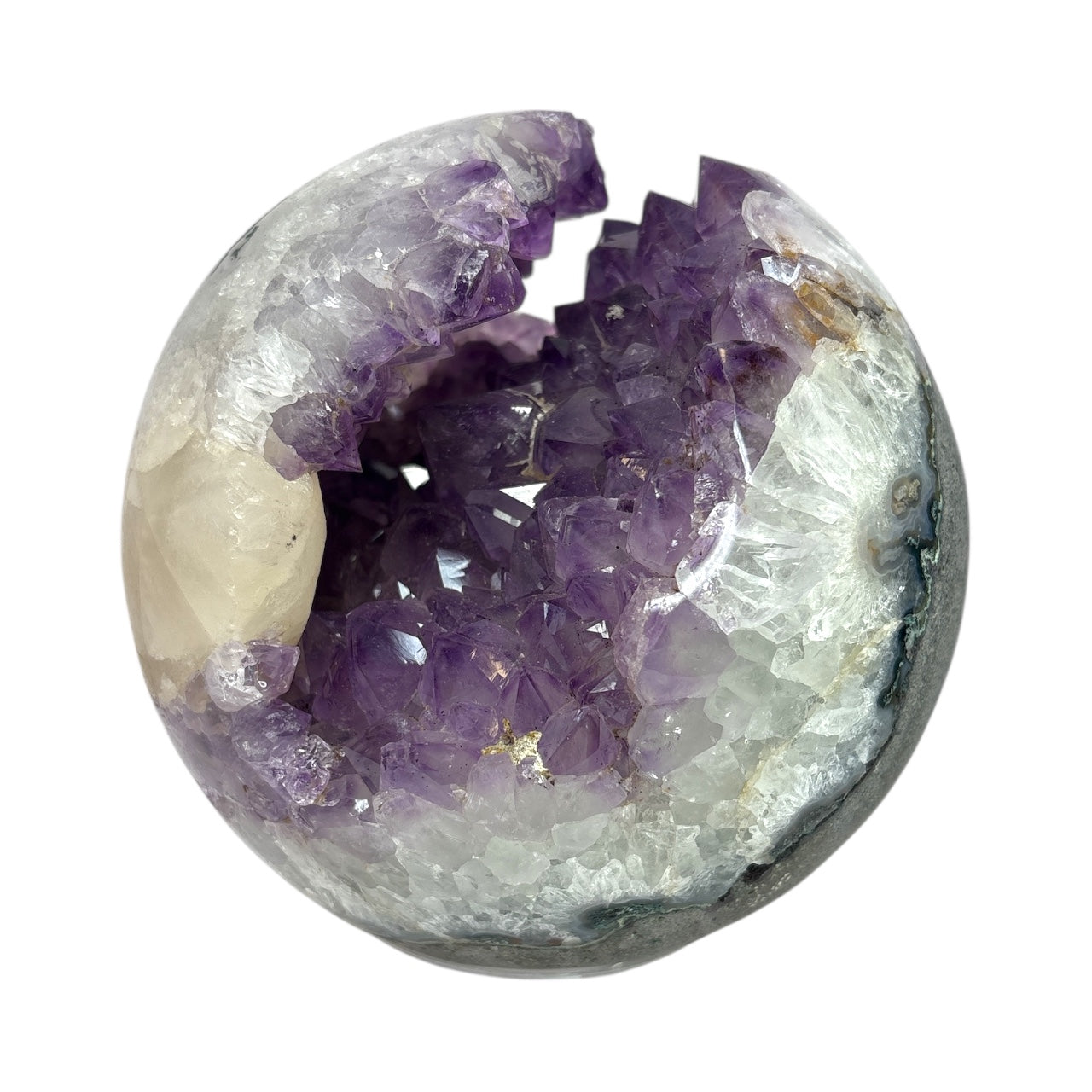 Amethyst Crystal Sphere with Deep Crevasse & Large Calcite Crystal Feature - Basalt Matrix