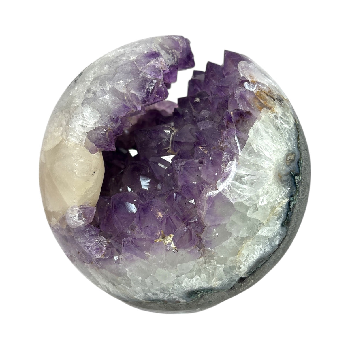 Amethyst Crystal Sphere with Deep Crevasse & Large Calcite Crystal Feature - Basalt Matrix