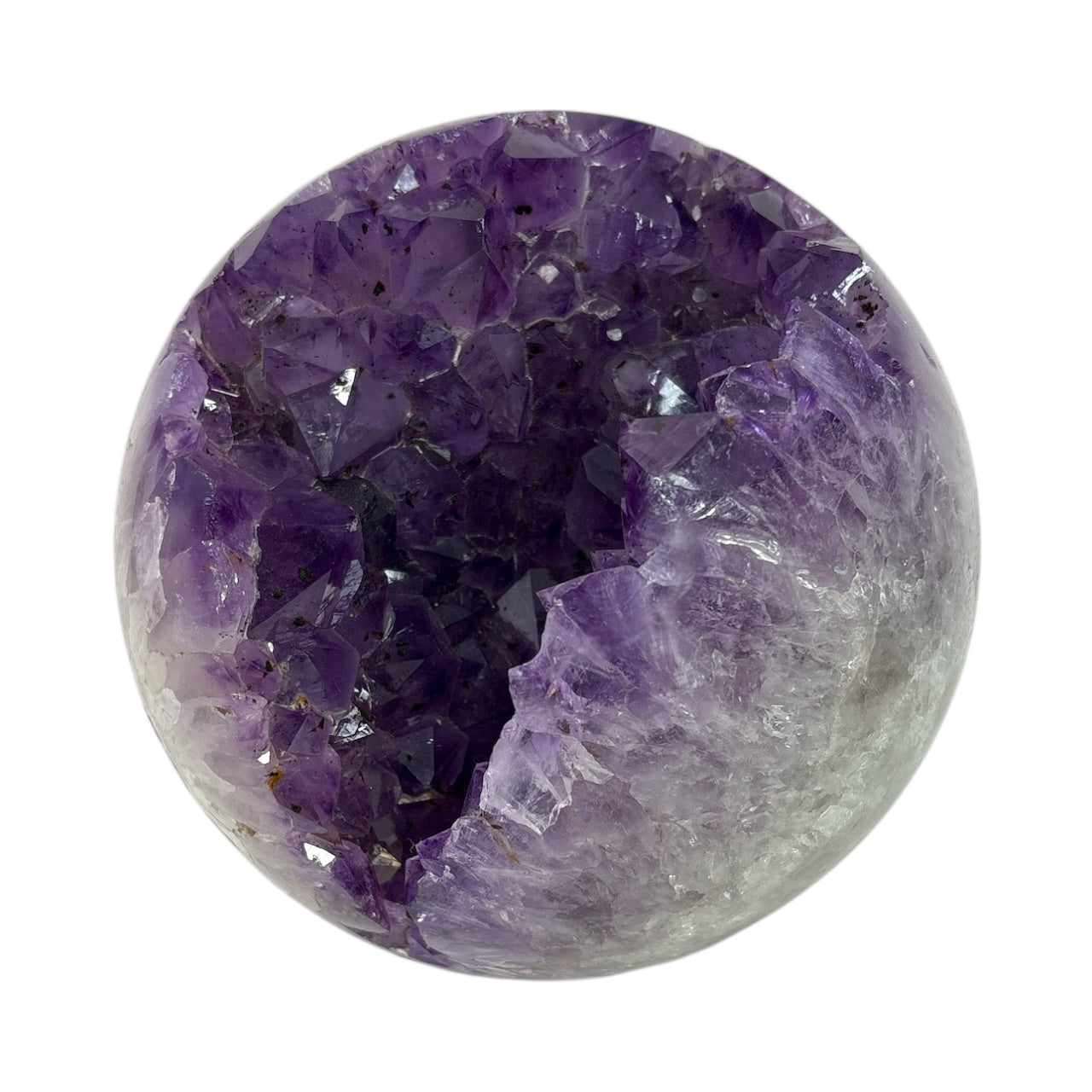 Amethyst Crystal Sphere with Tapered Crevasse & Deep Color with Mini Calcite Crystal Inclusions on Lucite Ring Stand