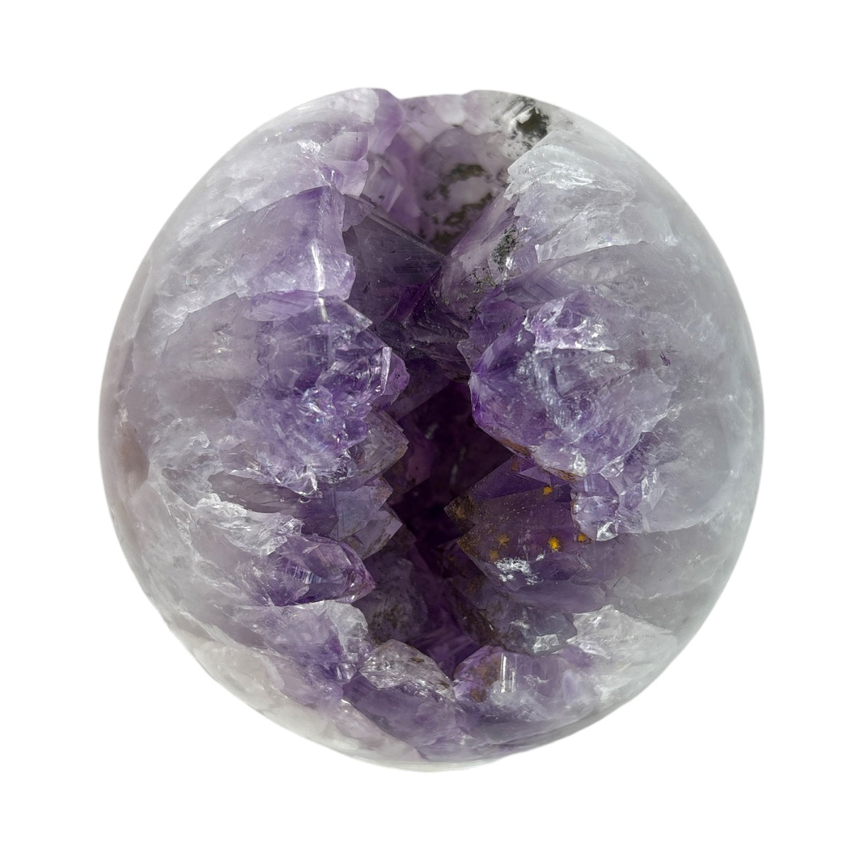 Amethyst Crystal Sphere with Bridge in Crevasse & Iron Inclusions on Lucite Ring Stand