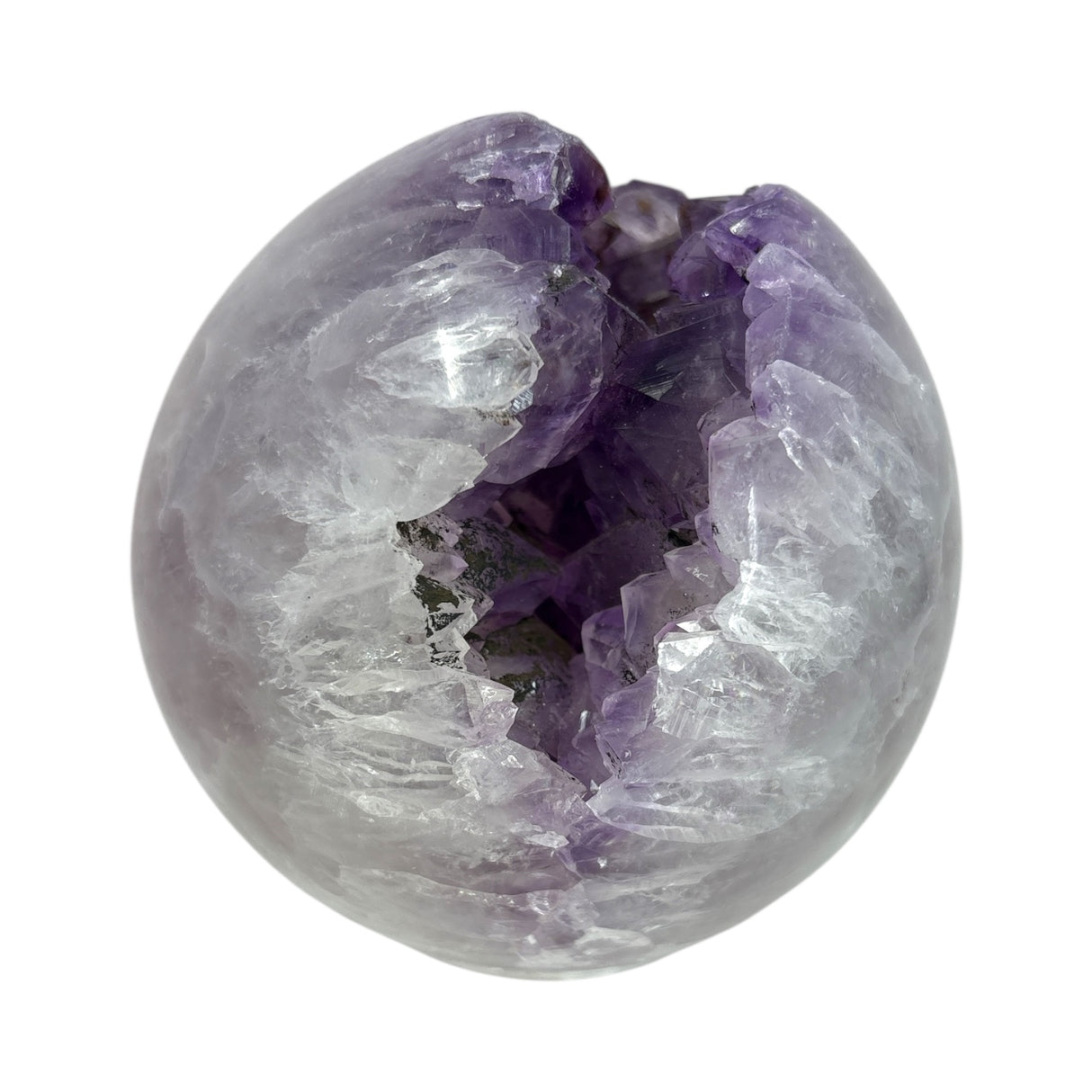 Amethyst Crystal Sphere with Bridge in Crevasse & Iron Inclusions on Lucite Ring Stand