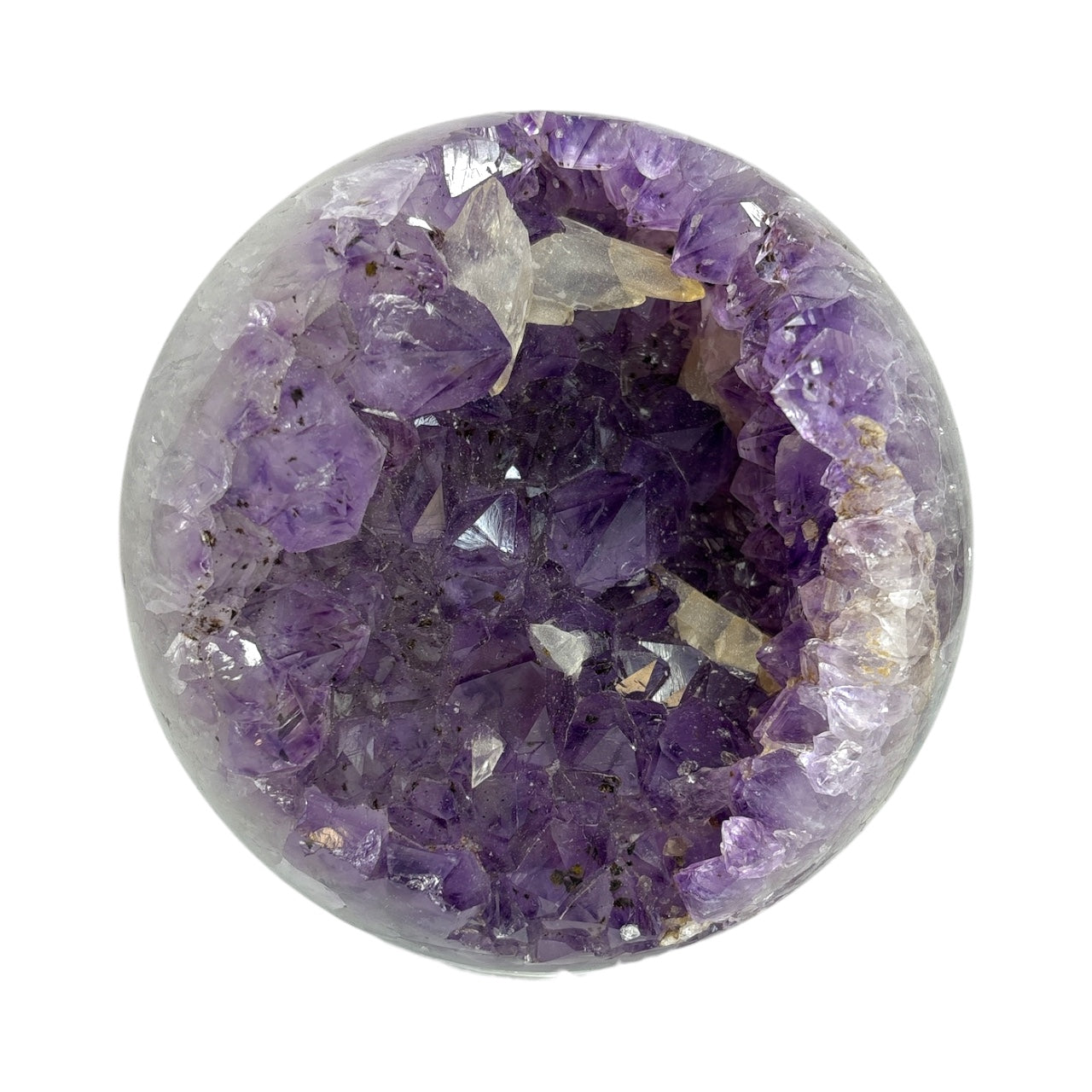 Amethyst Crystal Sphere with Calcite Crystals Inclusions on Lucite Ring Stand