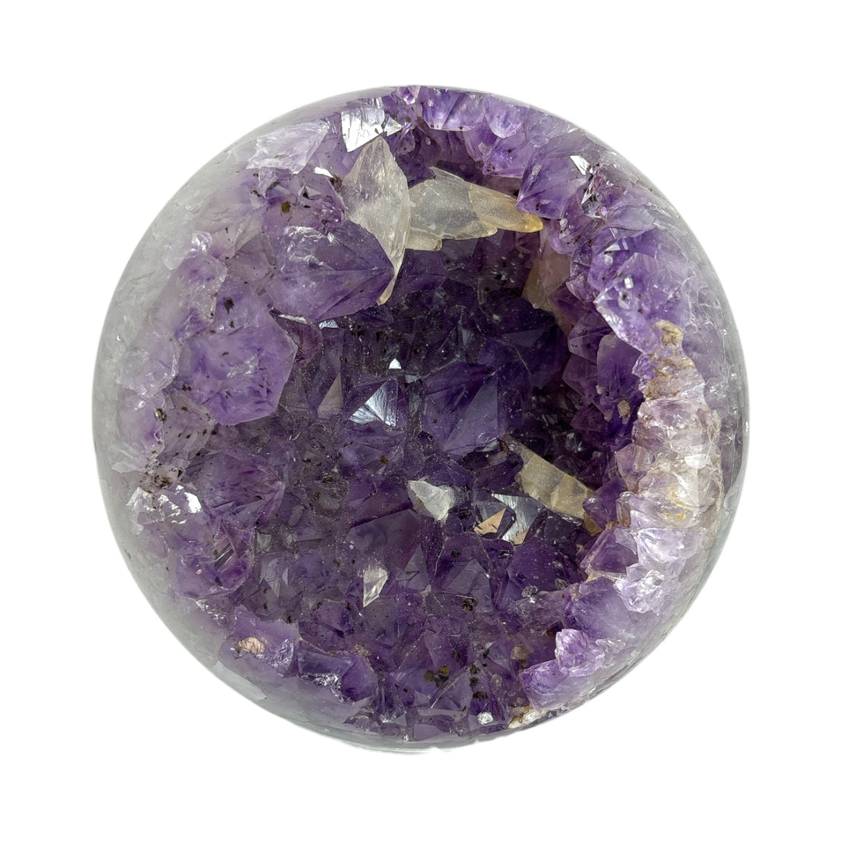 Amethyst Crystal Sphere with Calcite Crystals Inclusions on Lucite Ring Stand