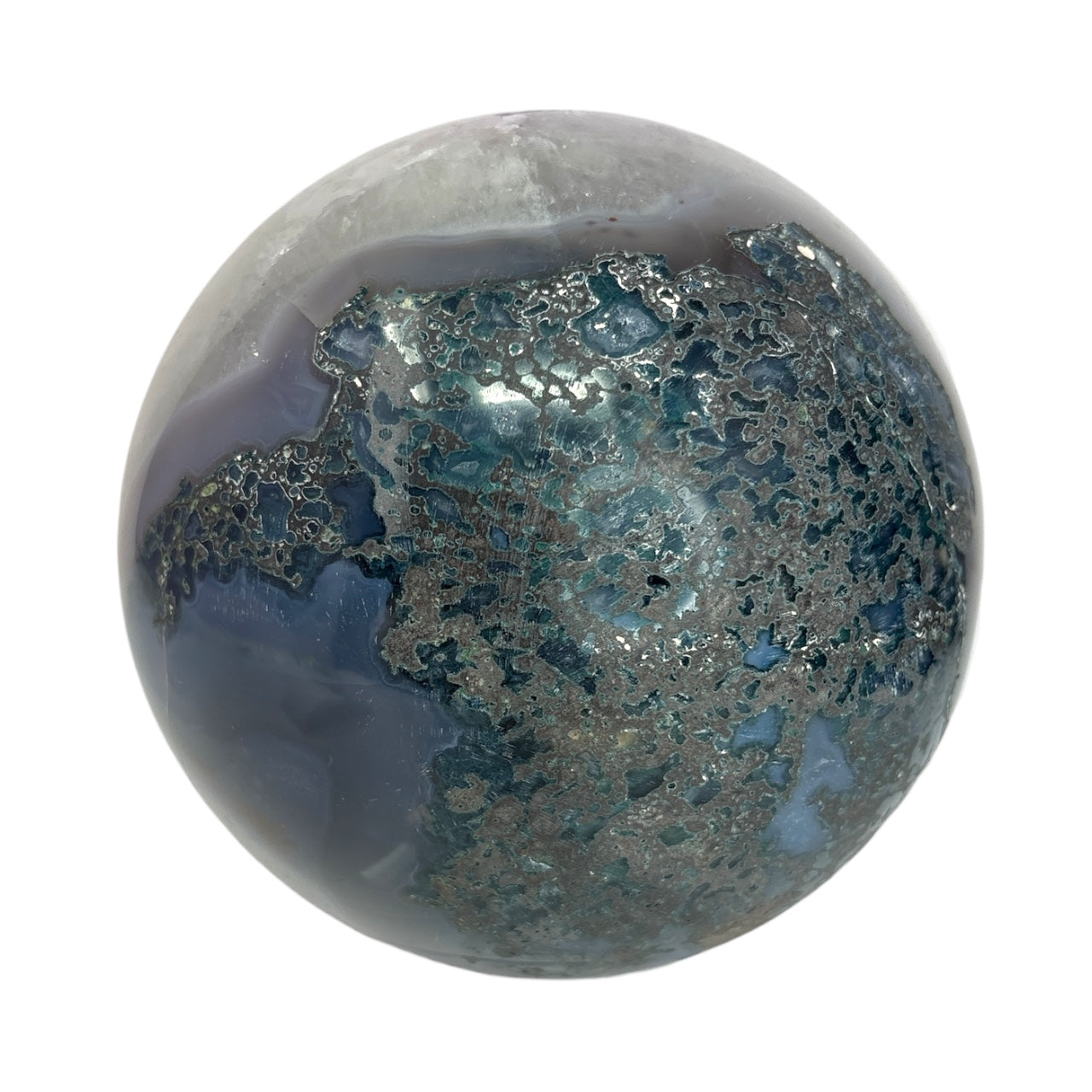 Amethyst Crystal Sphere with Calcite Crystals Inclusions on Lucite Ring Stand