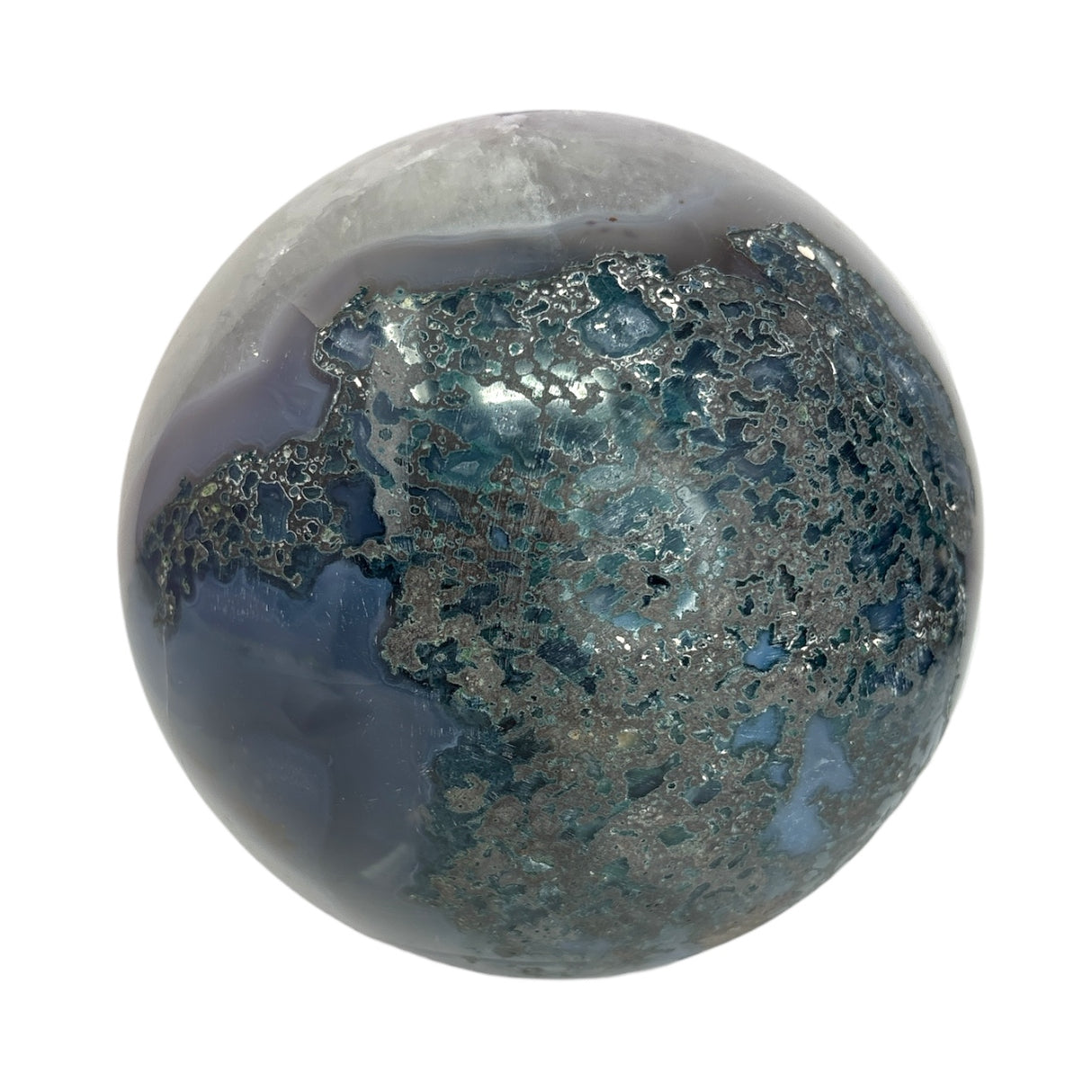 Amethyst Crystal Sphere with Calcite Crystals Inclusions on Lucite Ring Stand