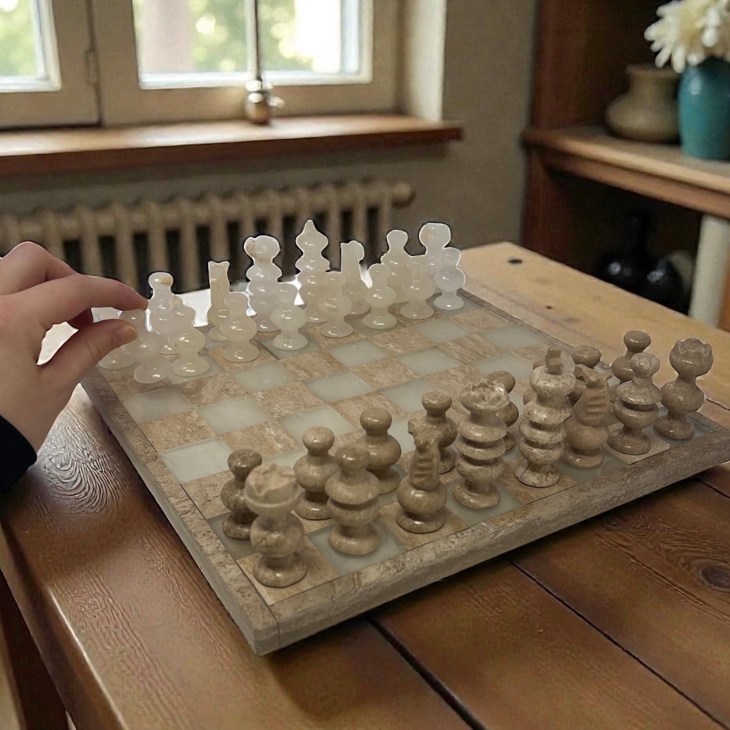 Hand Carved Mexican Onyx Stone Chess Set - Medium 10.5"