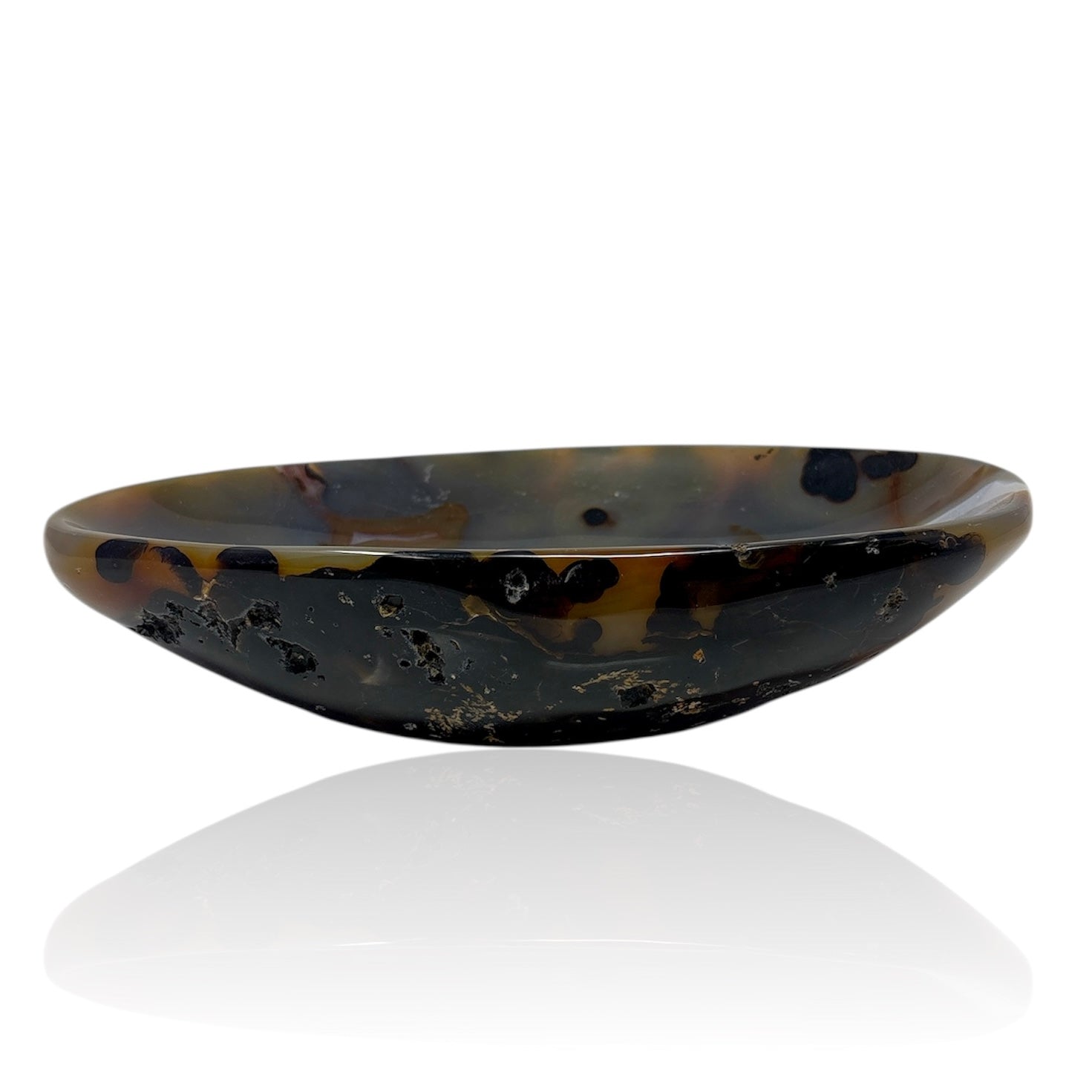 Oval Agate Bowl with Black Dendritic Exterior and  Blue Gray Orbs with White Fortified Center