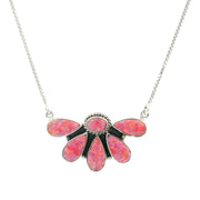 Pink balloon opal necklace with fanned teardrop and round cabochons in a floral inlay on a silver box chain