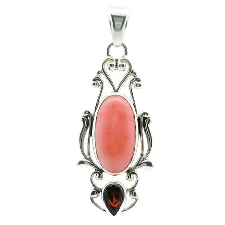 Pink opal oval cabochon pendant with a faceted garnet reverse pear, set in 925 sterling silver filigree bezel.