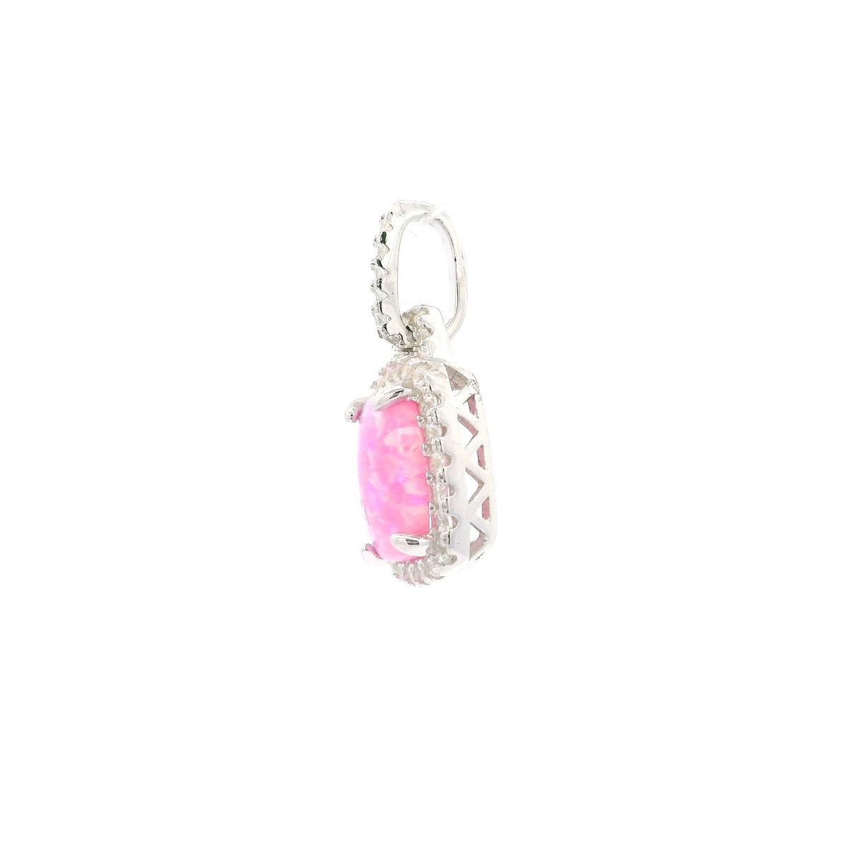 Pendentif en opale rose - Cabochon rectangulaire avec oxydes de zirconium blancs sur la bélière et le sertissage à griffes en argent sterling 925