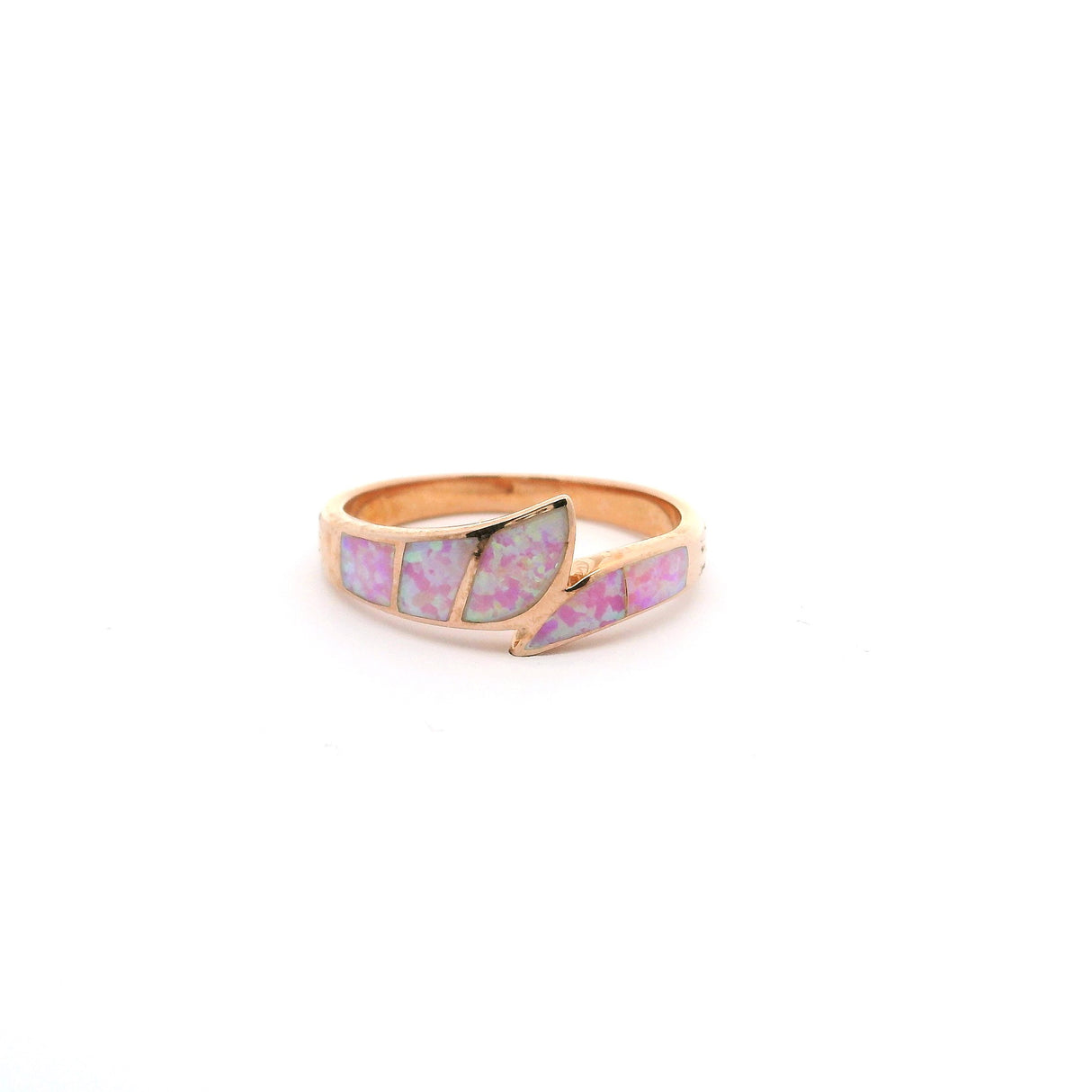 Pink Opal Ring - Inlay Band With Shifted Top and Rose Gold Vermeil on 925 Sterling Silver Sz10