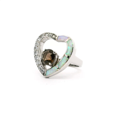 Open-heart ring with opal inlay, pave CZ accents and a round smoky topaz CZ center