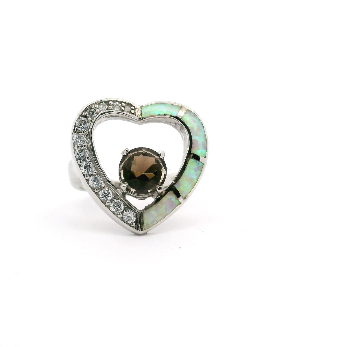 Opal inlay heart ring with a smoky topaz CZ center and clear CZ-lined edge