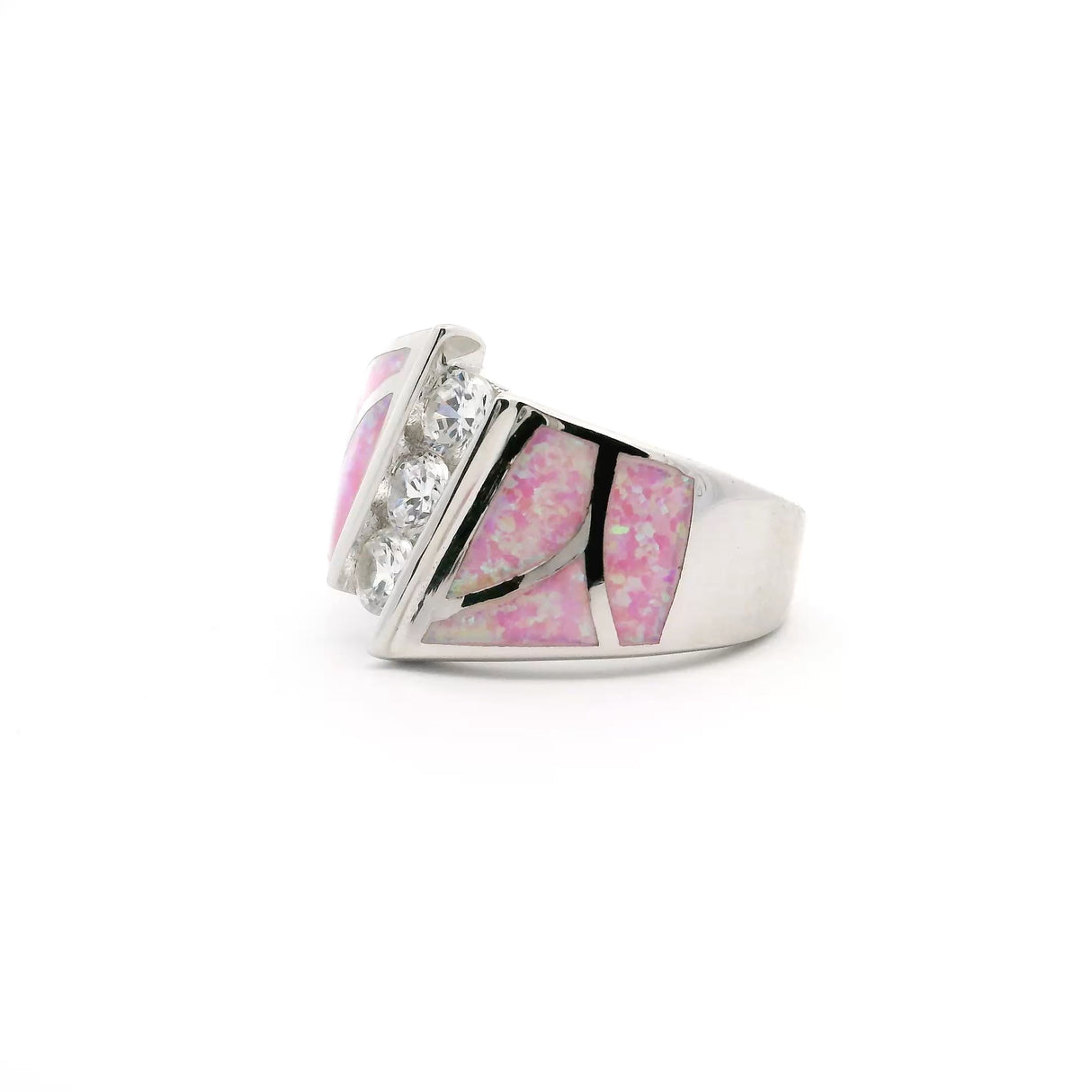 Pink Opal Ring Size 10 - Curved Inlay Band With White Czs