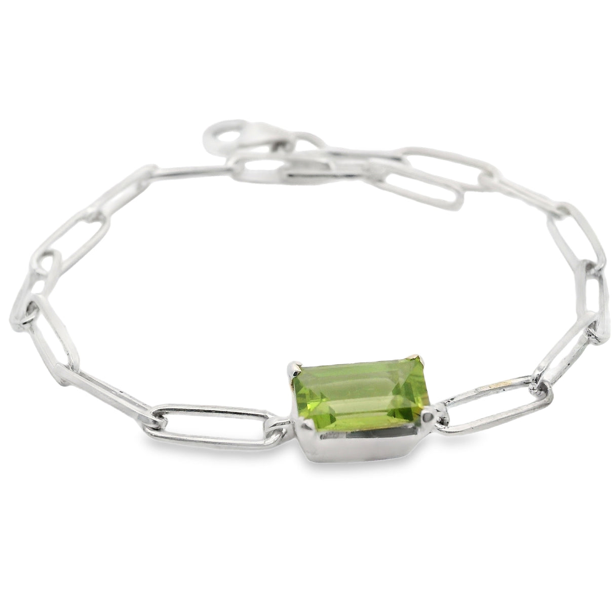 Faceted Peridot Rectangle Link Bracelet Prong Set in 925 Sterling Silver