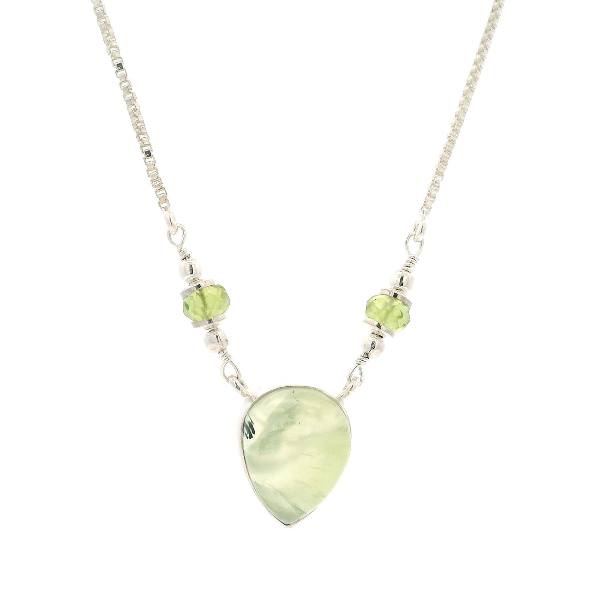 Prehnite Reverse Pear Necklace with Faceted Peridot Rondells on Box Chain with Stops at 15" thru 19"