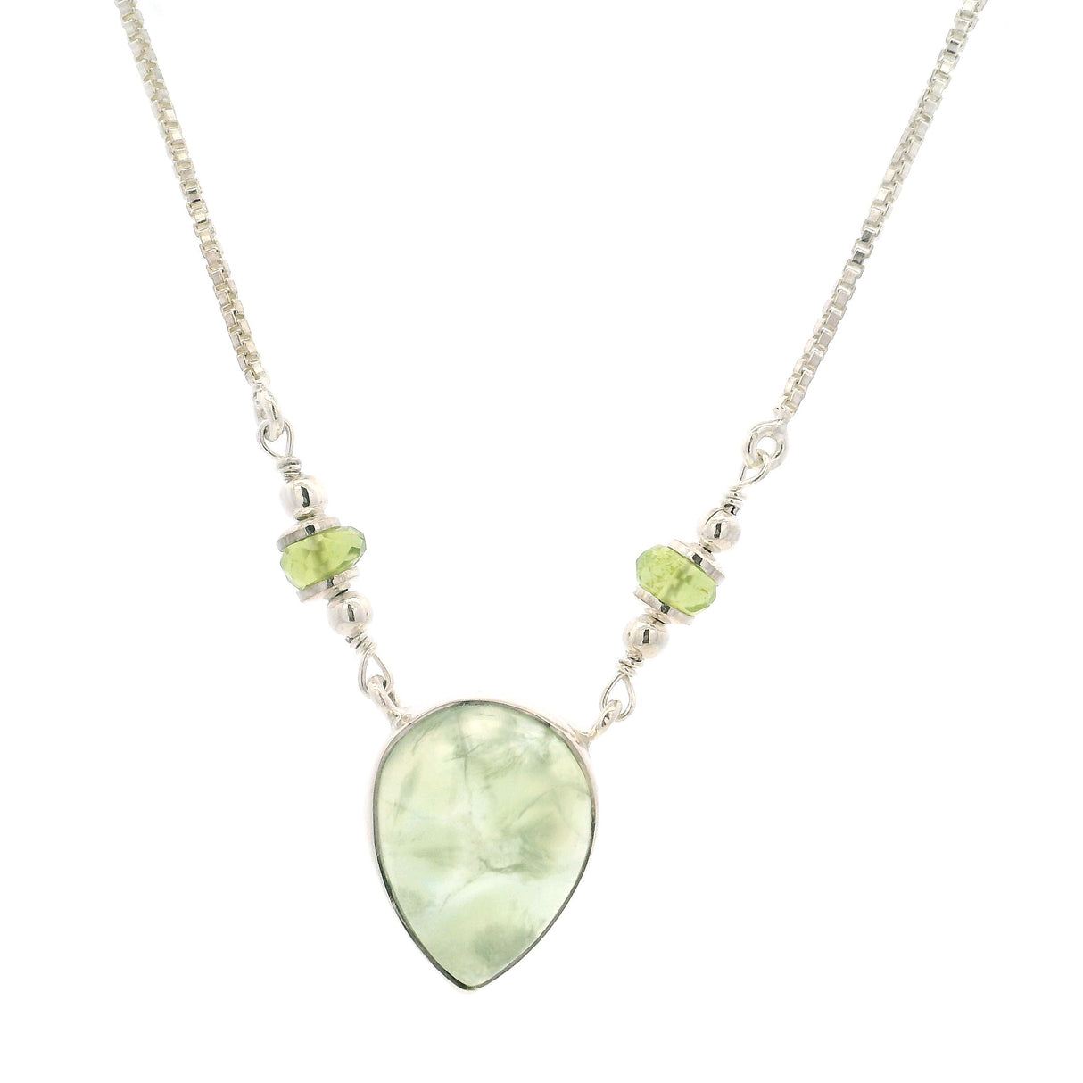 Prehnite Reverse Pear Necklace with Faceted Peridot Rondells on Box Chain with Stops at 15" thru 19"