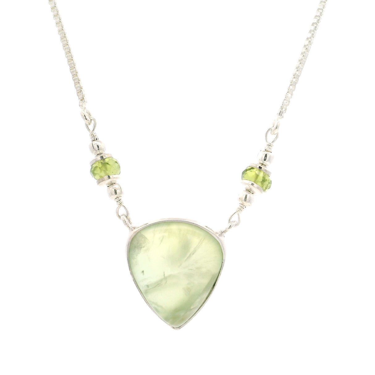 Prehnite Reverse Pear Necklace with Faceted Peridot Rondells on Box Chain with Stops at 15" thru 19"