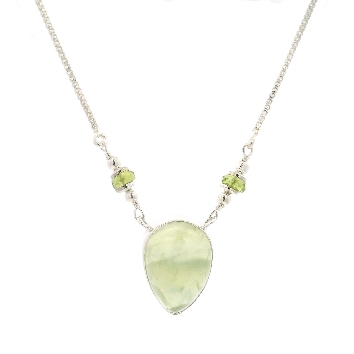 Prehnite Reverse Pear Necklace with Faceted Peridot Rondells on Box Chain with Stops at 15" thru 19"