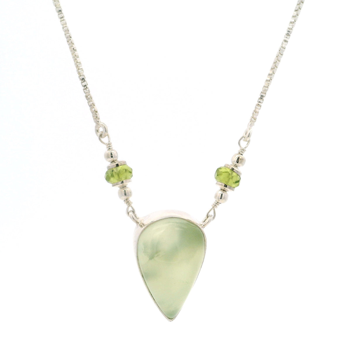 Prehnite Reverse Pear Necklace with Faceted Peridot Rondells on Box Chain with Stops at 15" thru 19"