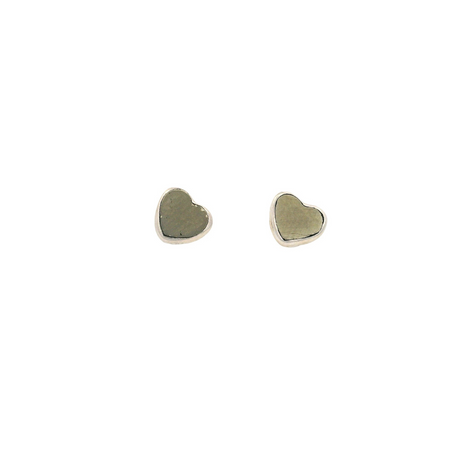 Pyrite mini heart stud earrings, golden metallic heart-shaped stones in silver bezel settings