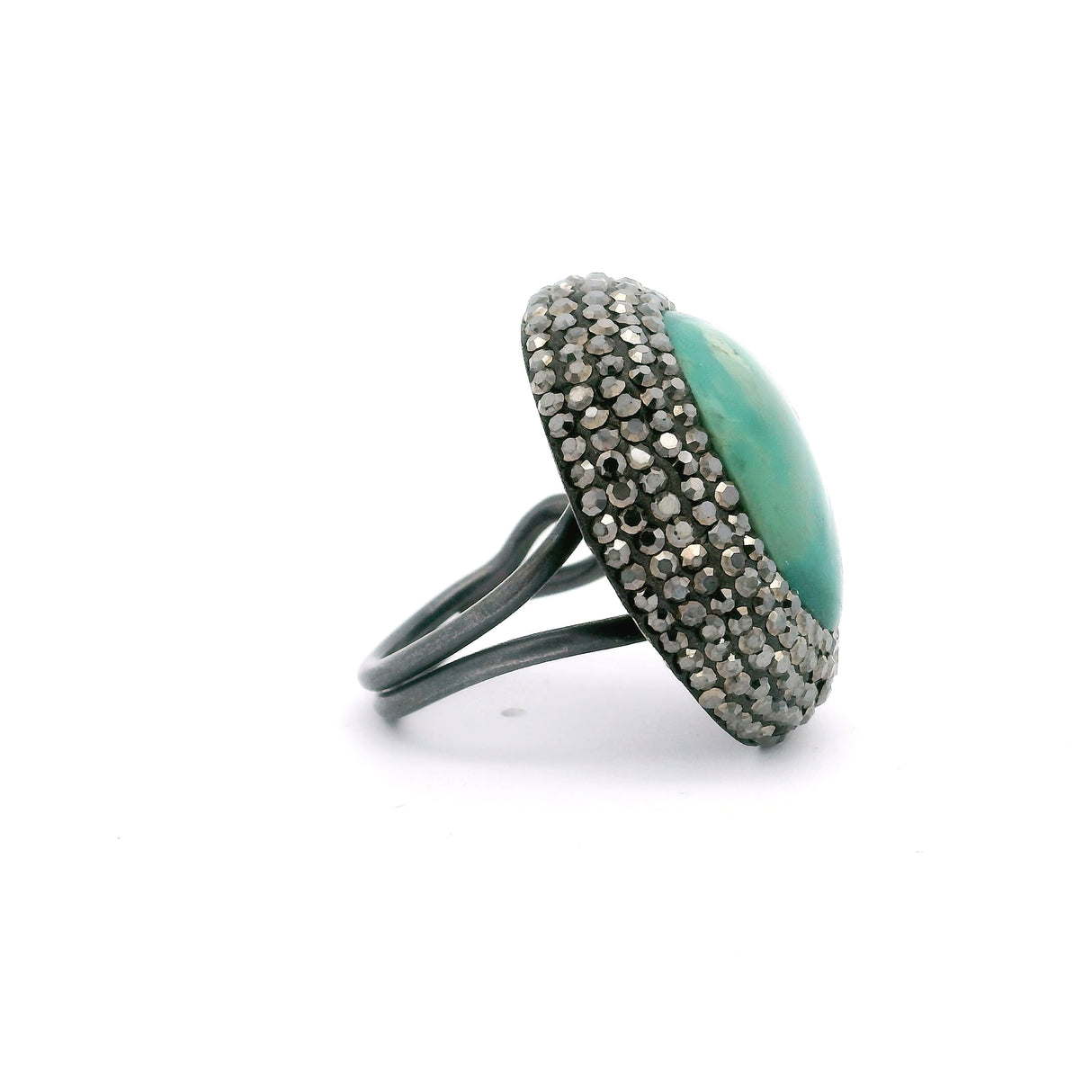 Persian Turquoise Ring -Gemmy Teal Blue Oval With Marcasite & Adjustable Double Band