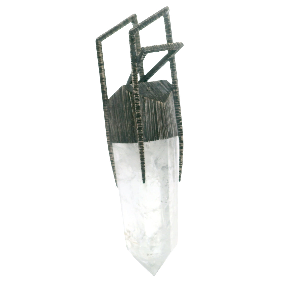 Quartz Crystal Point Pendant in Lantern Bezel Set Oxidized 925 Sterling Silver & H Bridge Bail Design - Organic Shape