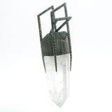 Quartz Crystal Point Pendant in Lantern Bezel Set Oxidized 925 Sterling Silver & H Bridge Bail Design - Organic Shape