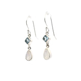 Rainbow Moonstone Pear Dangle Earrings with Faceted Blue Topaz