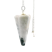 Faceted rainbow moonstone pendulum cone on a silver chain, with a clear quartz bead at the end