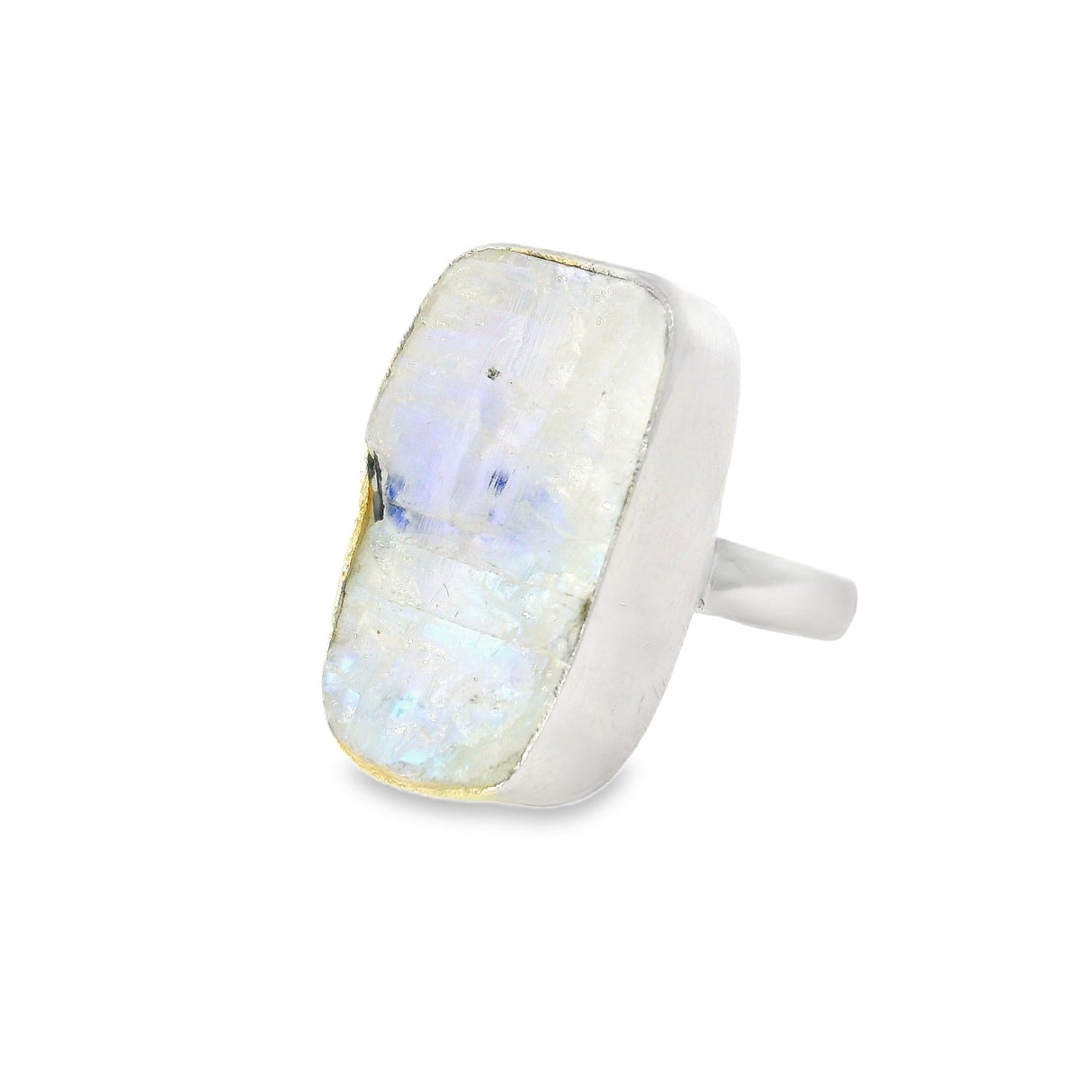 Rainbow Moonstone Ring - Rough Narrow Rectangle With Silver Bezel & Light Blue With Dark Blue Shifts Sz5