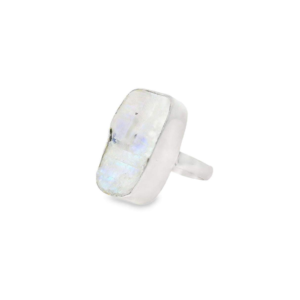 Rainbow Moonstone Ring - Rough Narrow Rectangle With Silver Bezel & Light Blue With Dark Blue Shifts Sz5
