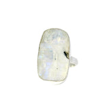 Rainbow Moonstone Ring - Rough Narrow Rectangle With Silver Bezel & Light Blue With Dark Blue Shifts Sz5