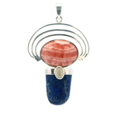 Rhodochrosite Pendant - Oval Cabochon with Lapis Lazuli Lantern Gemstone & Moonstone Radial Silver Half Circle Trio