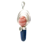Rhodochrosite Pendant - Oval Cabochon with Lapis Lazuli Lantern Gemstone & Moonstone Radial Silver Half Circle Trio