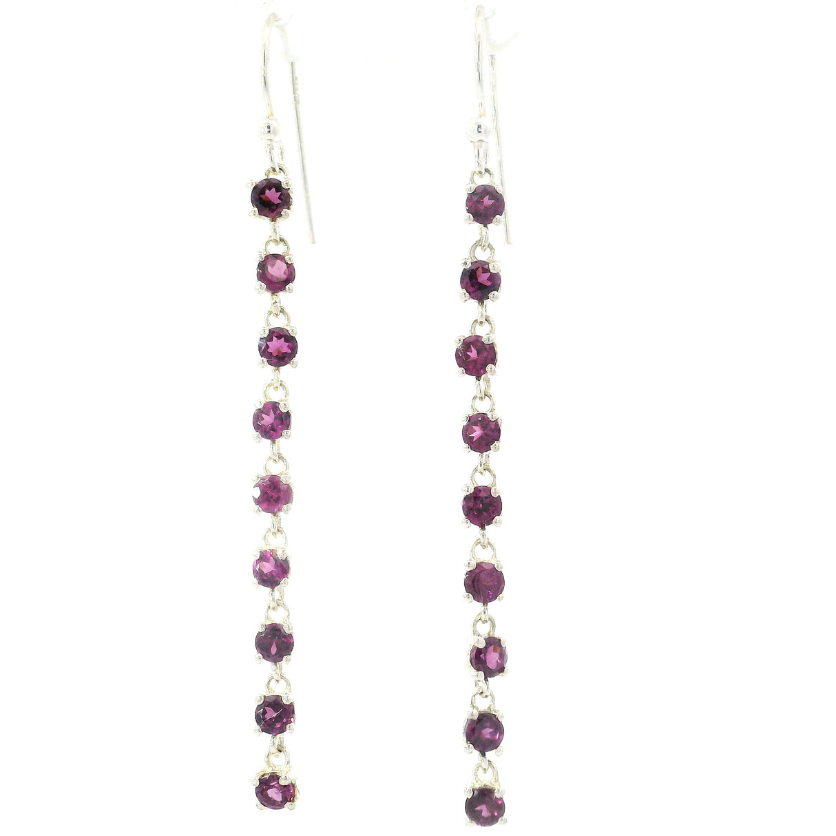 Rhodolite Garnet Dangle Earrings - 9 Dangling Faceted Rounds - Prong Set