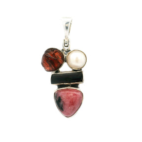 Rhodonite pendant featuring a rounded triangle cabochon, garnet nugget, green tourmaline beryl, and freshwater pearl.