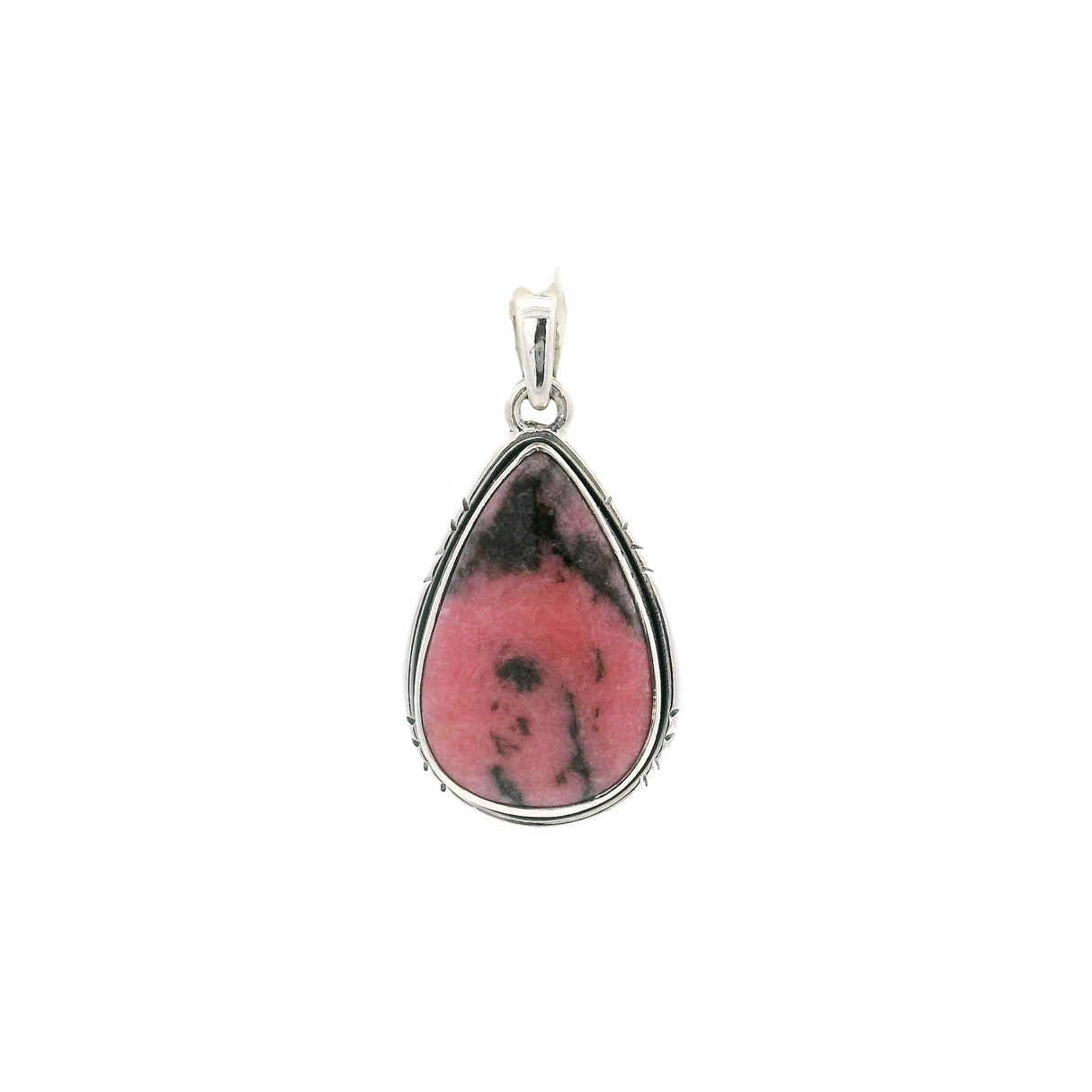 Rhodonite Cabochon Pendant - Teardrop Bezel with Silver Detail Bezel