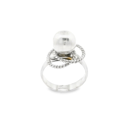Sterling silver bead ring featuring two rope surrounds, adjustable size, with a polished finish.