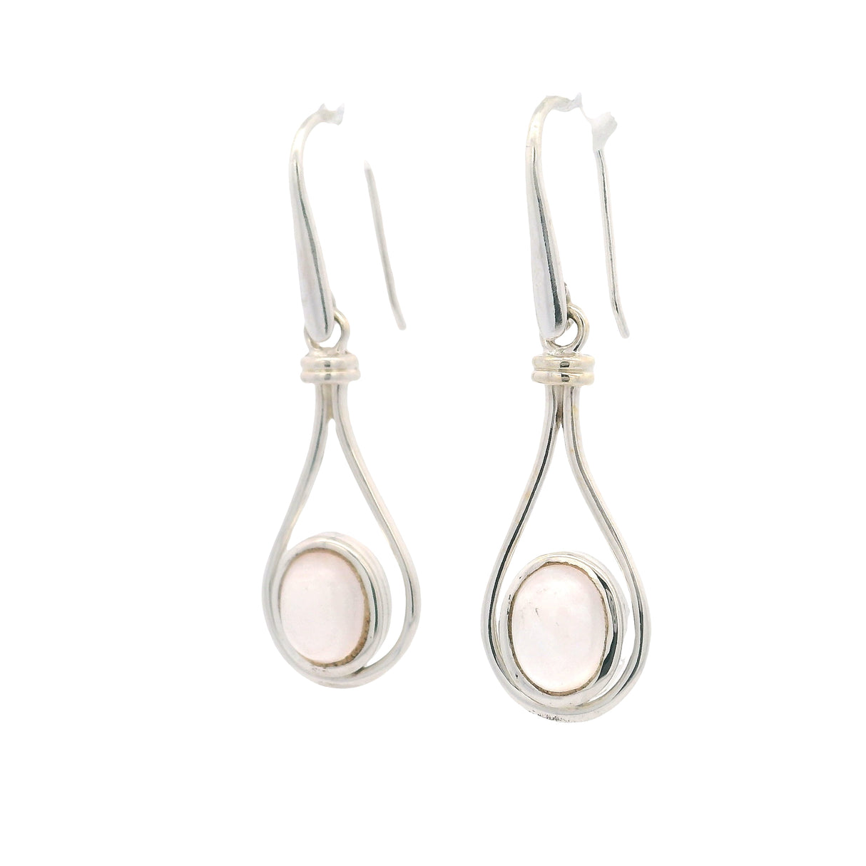 Rose Quartz Oval Dangle Earrings Bezel Set in Vase Setting of 925 Sterling Silver