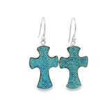 Boucles d'oreilles pendantes Druze en titane arc-en-ciel – Croix effilée simple avec monture argentée – Teintes vertes et bleues